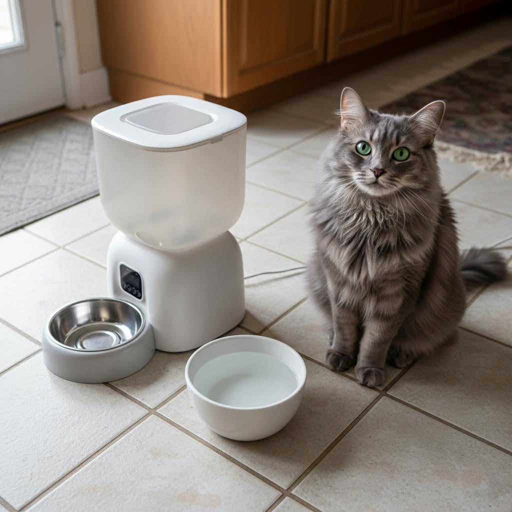 Smart Pet Feeder at home beside a water bowl with a cat
