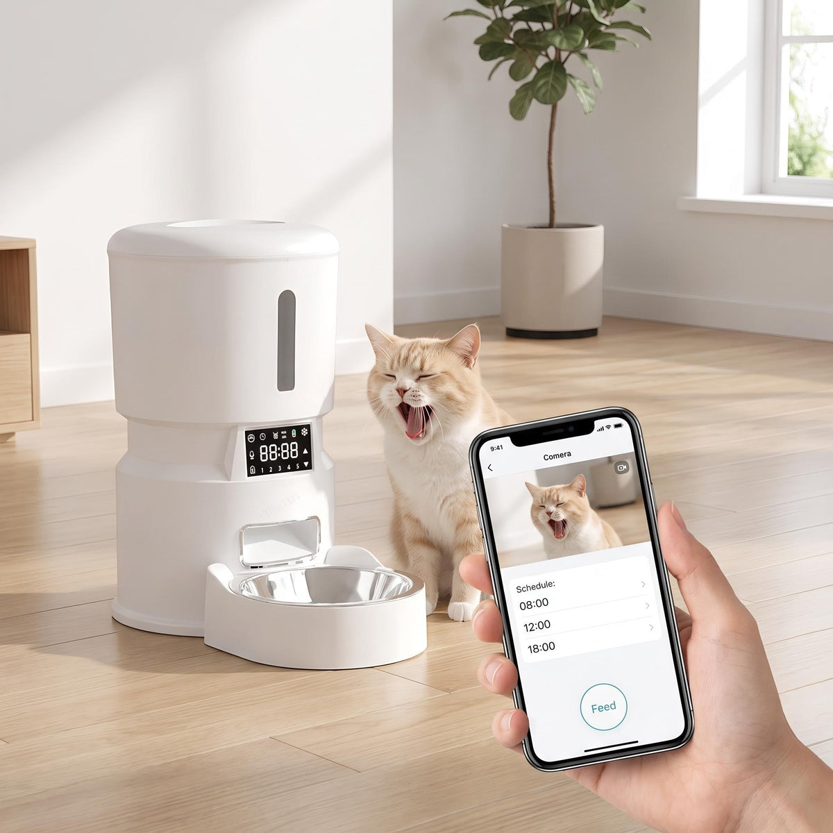 Smart 4L Pet Feeder with a cat, controlled from a phone app