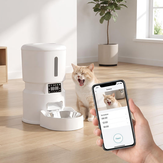 Smart 4L Pet Feeder with a cat, controlled from a phone app