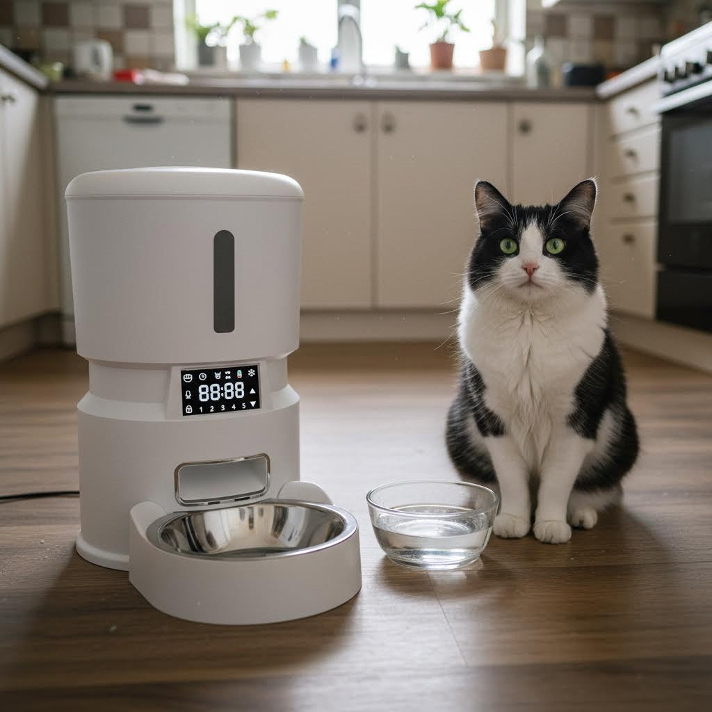 Smart 4L Pet Feeder at home beside a water bowl with a cat