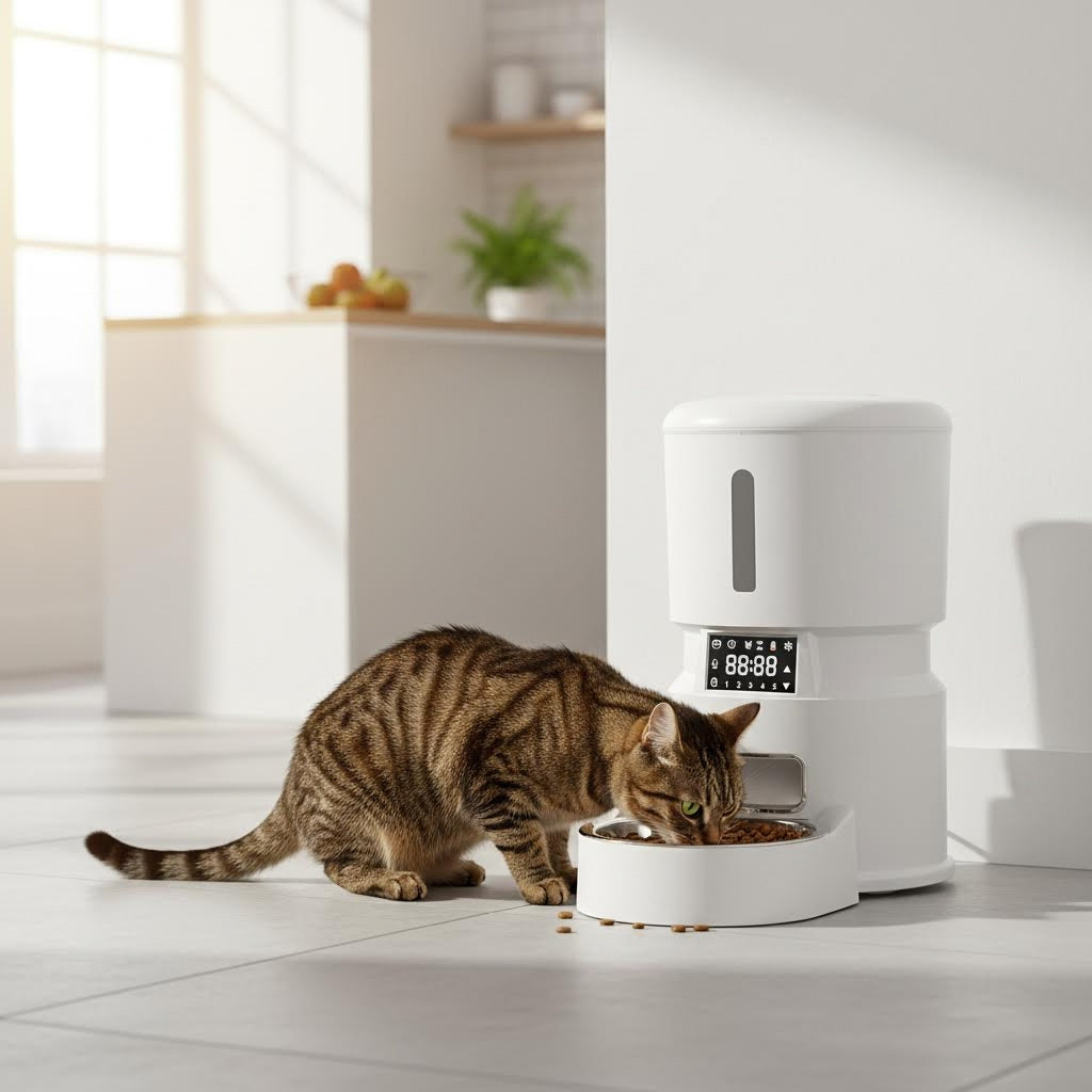 Smart 4L Pet Feeder in a kitchen with a cat eating from the bowl