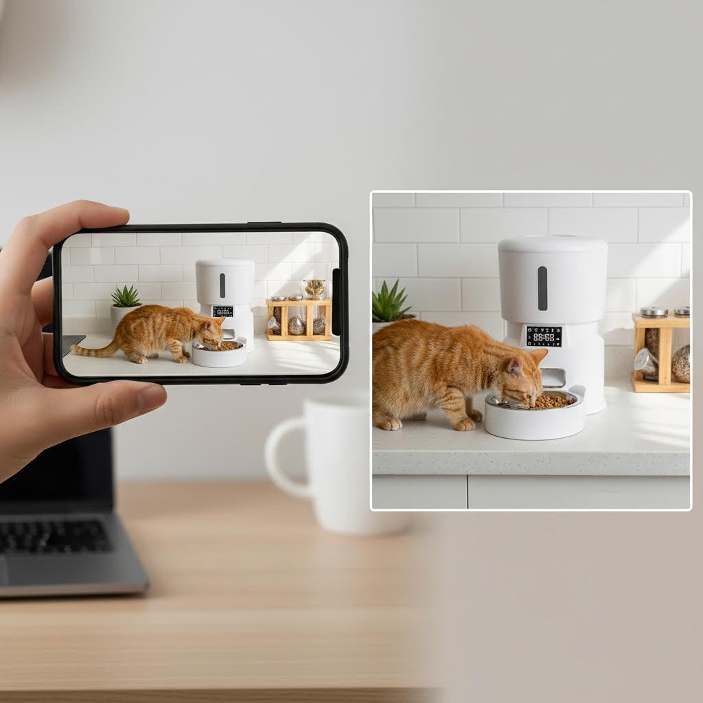Pet owner checking on their cat by phone while the Smart 4L Pet Feeder serves a meal at home