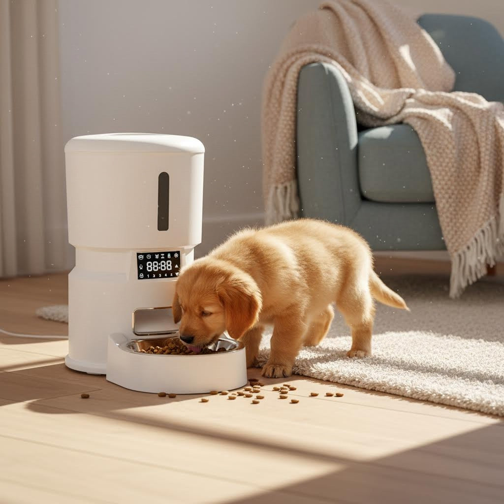 Smart 4L Pet Feeder in a living room with a puppy eating