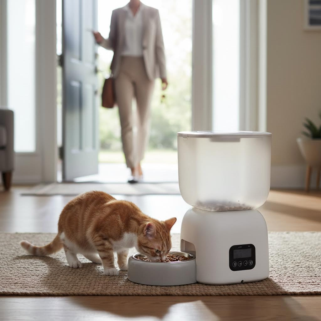 Cat eating from the Smart Pet Feeder as its owner leaves for work