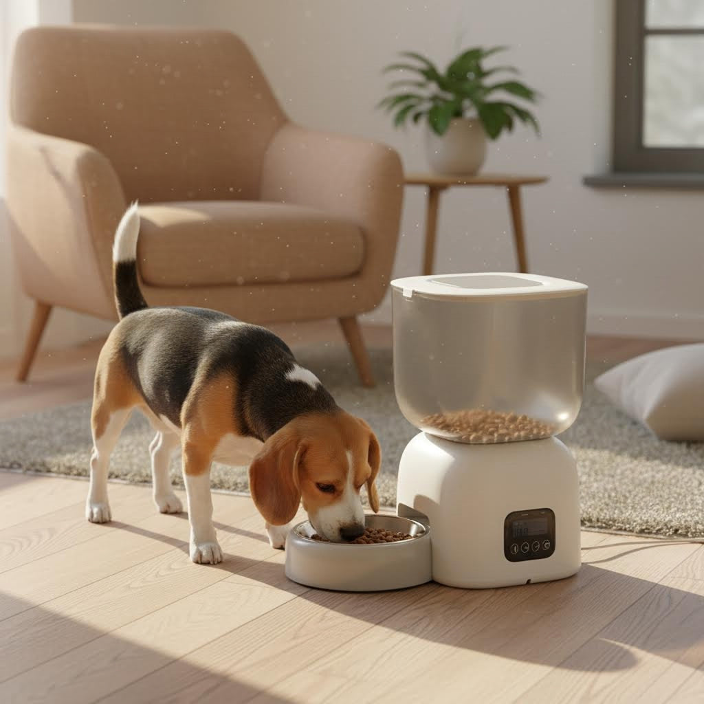 Smart Pet Feeder in a living room with a dog eating