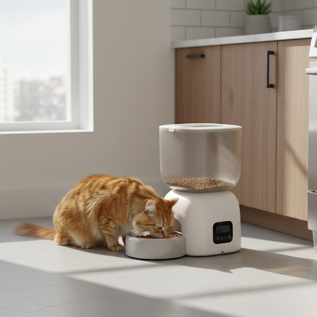 Smart Pet Feeder in a kitchen with a cat eating from the bowl