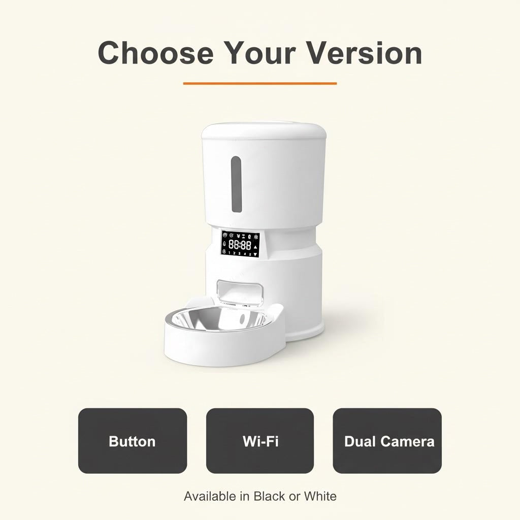 Smart 4L Pet Feeder versions: Button, Wi-Fi and Dual Camera, in Black or White