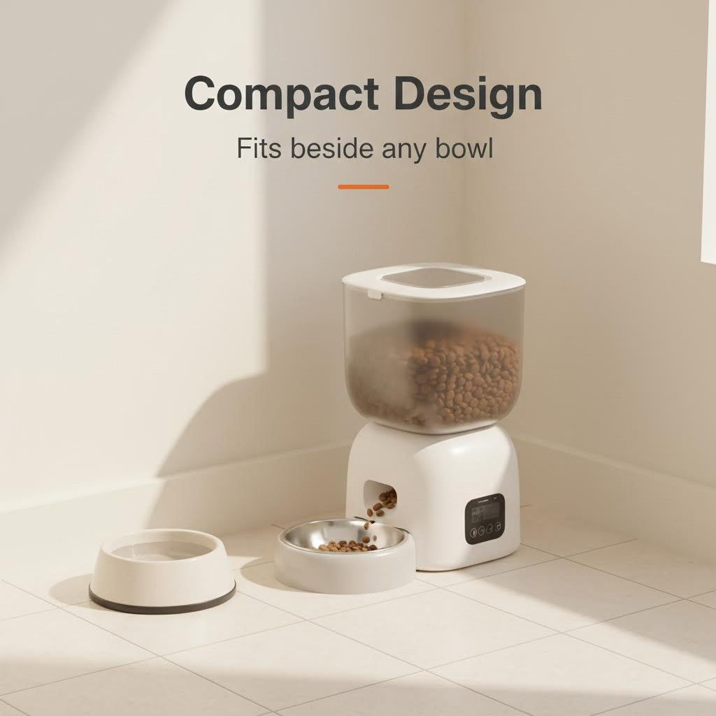 Smart Pet Feeder compact design beside a water bowl